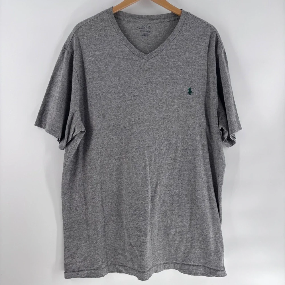 Polo Ralph Lauren T-Shirt Mens LT‎ Grey V-Neck Cotton Heathered Pony Logo Tee